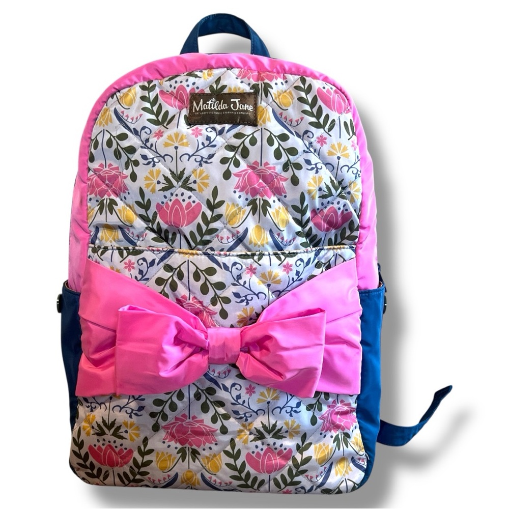 Matilda Jane Girls Floral Backpack Pink Bow Quilted Adjustable Straps